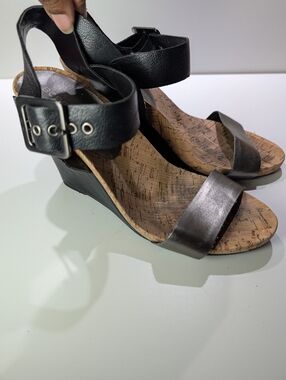 BCBGeneration Black Leather  Cork-Trim Wedge Sandals